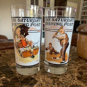 GLASSES - 2  Arby's 1987 Norman Rockwell Saturday Evening Post Fishing & Gramps